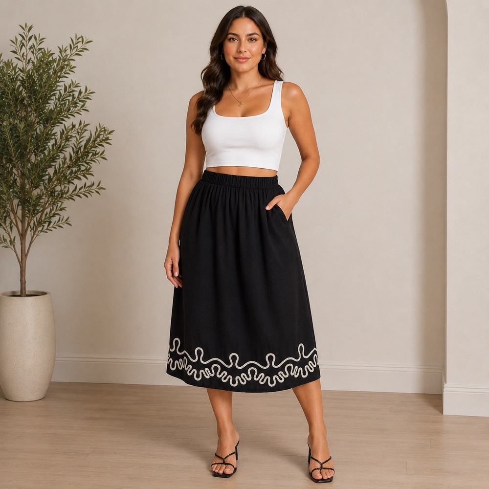 Future Collective XXL Black Linen Blend Embroidered Midi Skirt Coastal Resort